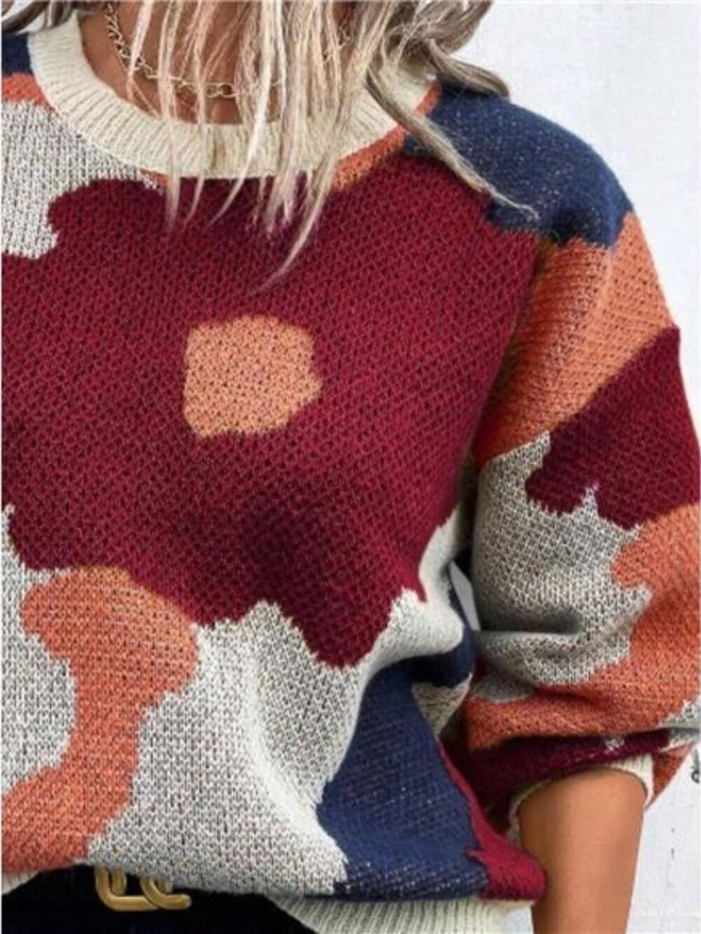 Floral Pattern Round Neck Sweater - Picture 3 of 16